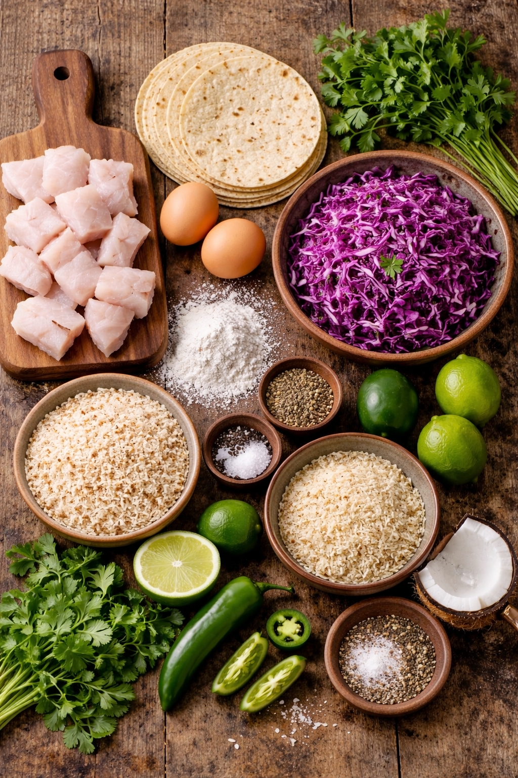 Coconut Lime Fish Tacos with Red Cabbage Slaw