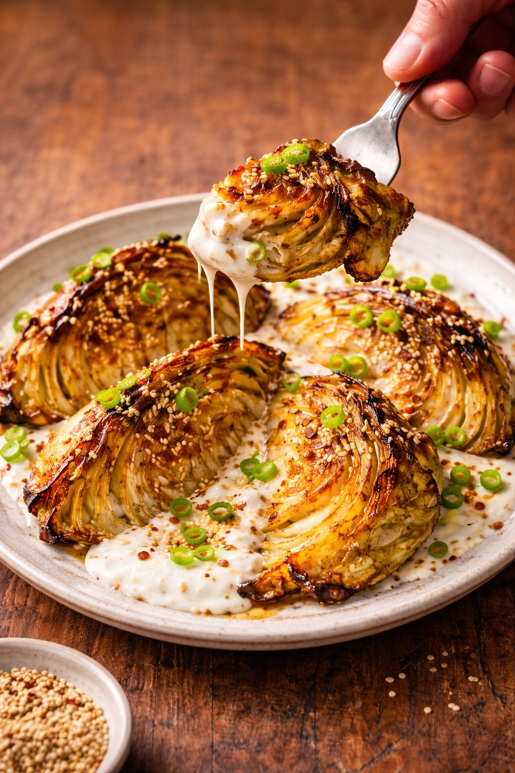 Crispy Miso-Glazed Roasted Cabbage Wedges with Sesame Yogurt
