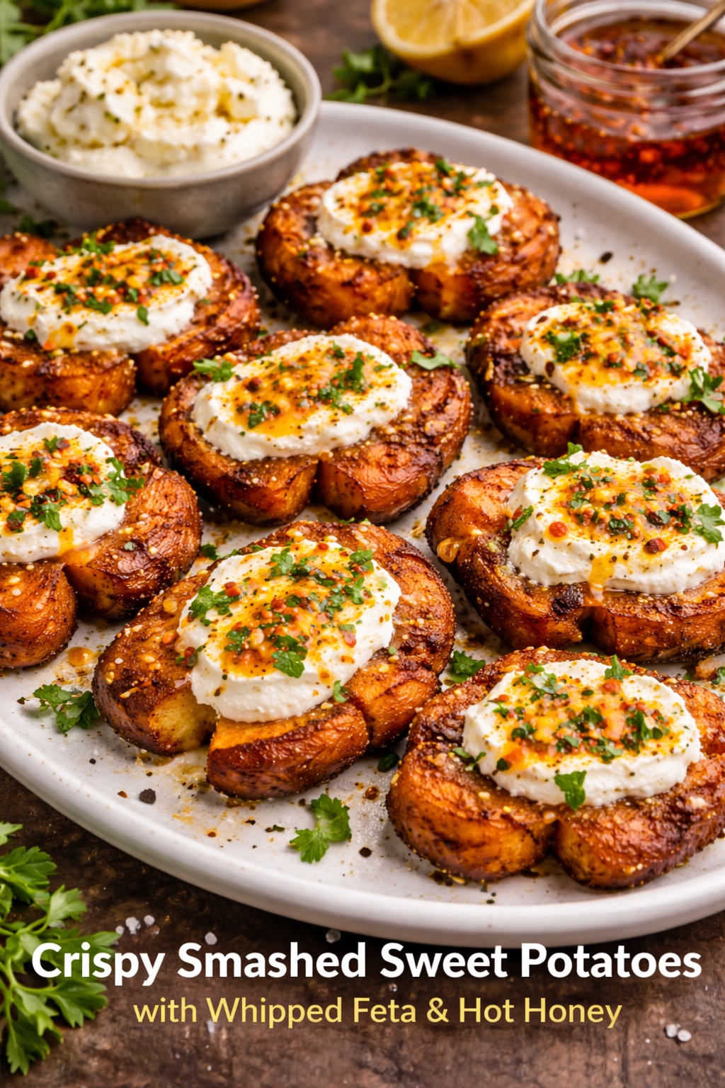 Crispy Smashed Sweet Potatoes with Whipped Feta & Hot Honey