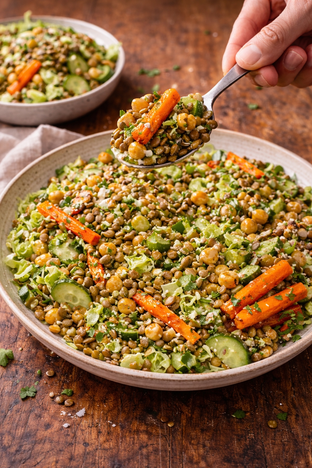 Fibermaxxing Crunch Salad with Lentils, Chickpeas and Lemon Tahini Dressing (High-Fiber Meal Prep Bowl)