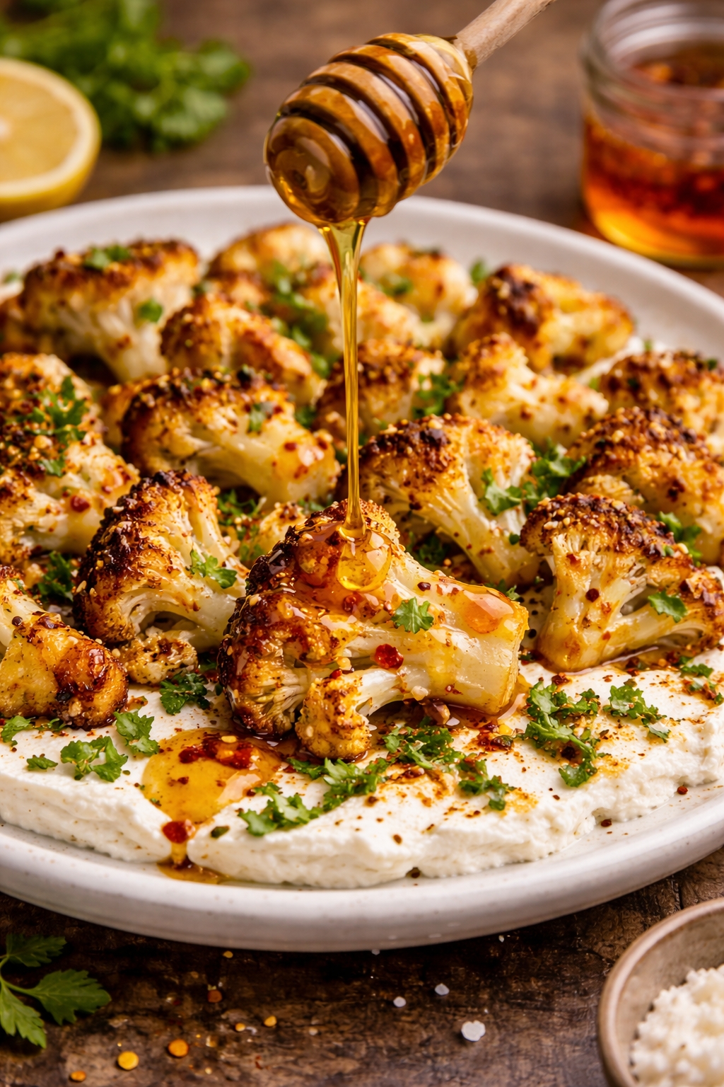 Hot Honey Roasted Cauliflower with Whipped Feta