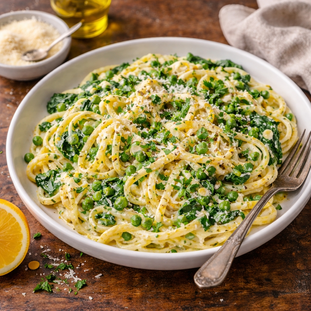 Lemon Ricotta Pasta with Spinach and Peas