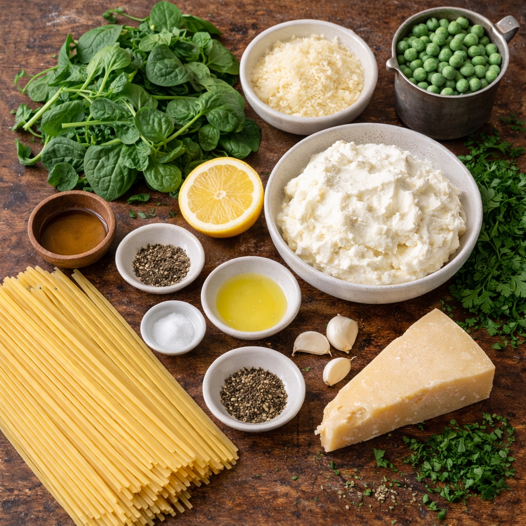 Lemon Ricotta Pasta with Spinach and Peas