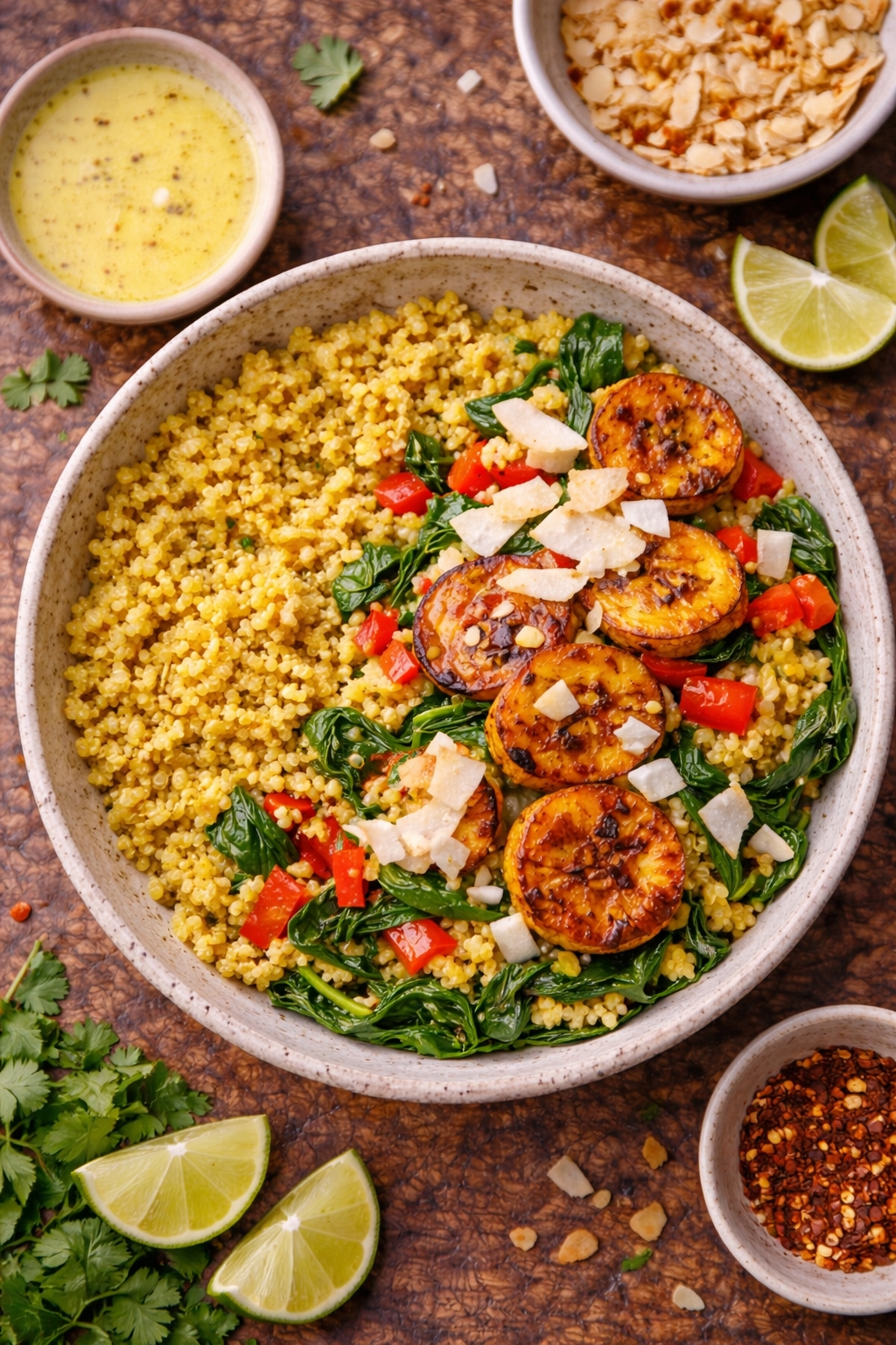 Turmeric Coconut Quinoa Bowl with Roasted Sweet Plantains